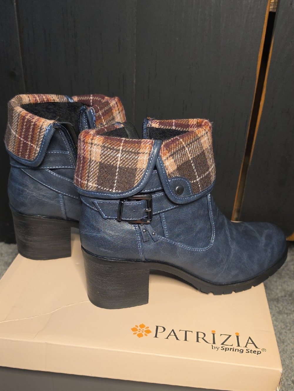 Patrizia Navy Ankle Boots with Plaid Fold-Over Cuff